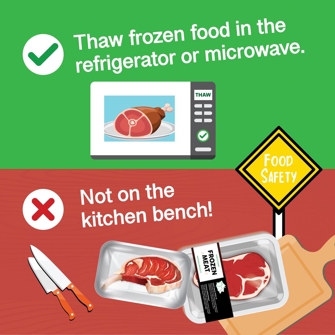Green and orange tile with a graphic of a microwave in the top and trays of meat defrosting on a kitchen bench at the bottom. Text says 'Thaw frozen food in the refrigerator or microwave. Not on the kitchen bench!