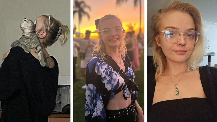 Three photos of Abi after her transplant, feeling well and living life to the full. In the first she is holding her cat. In the second she is outside at a festival. The third is a selfie where she looks happy and well.