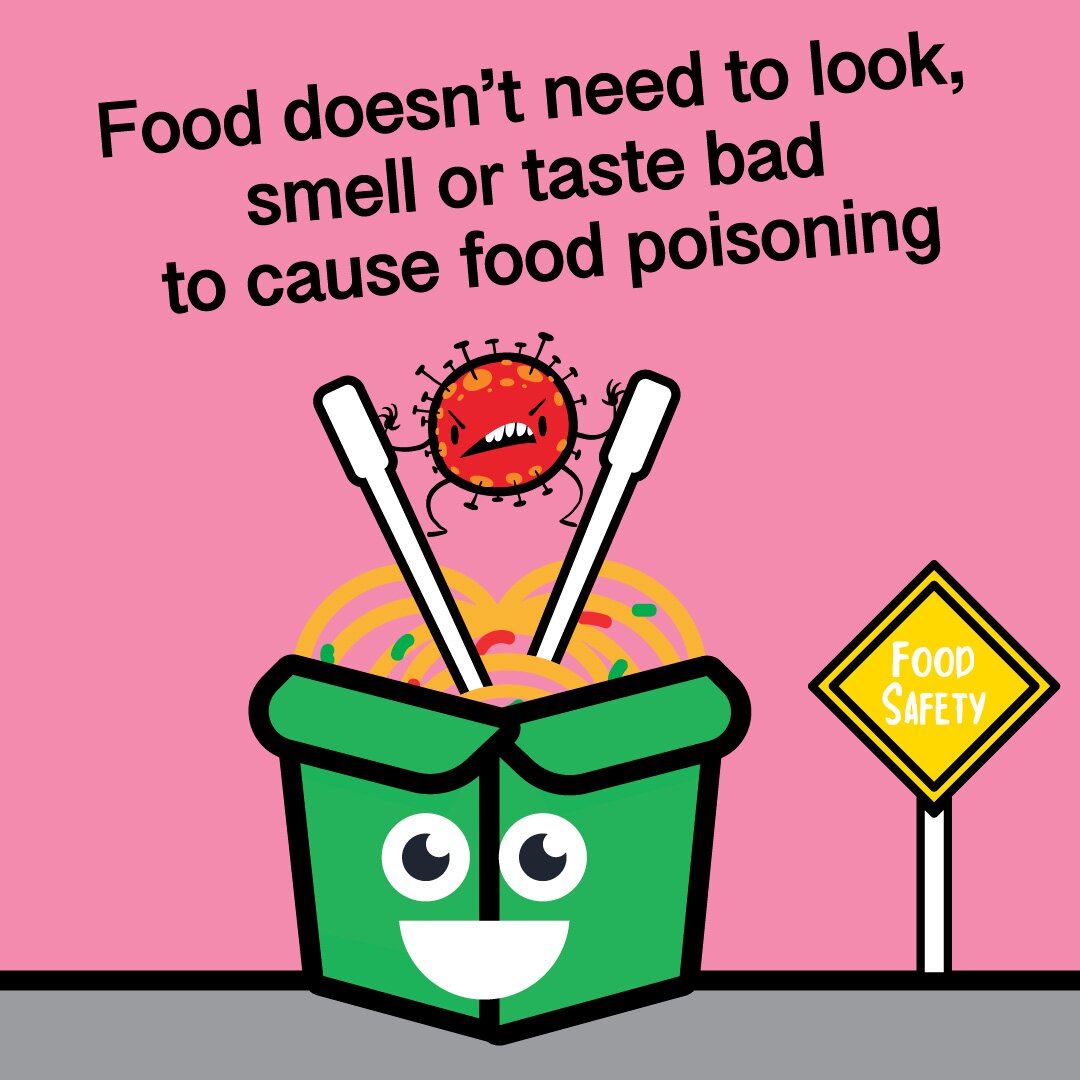 A pink tile with a graphic of a takeaway noodle container with noodles and chopsticks. A germ is grimacing while hanging between the chopsticks.