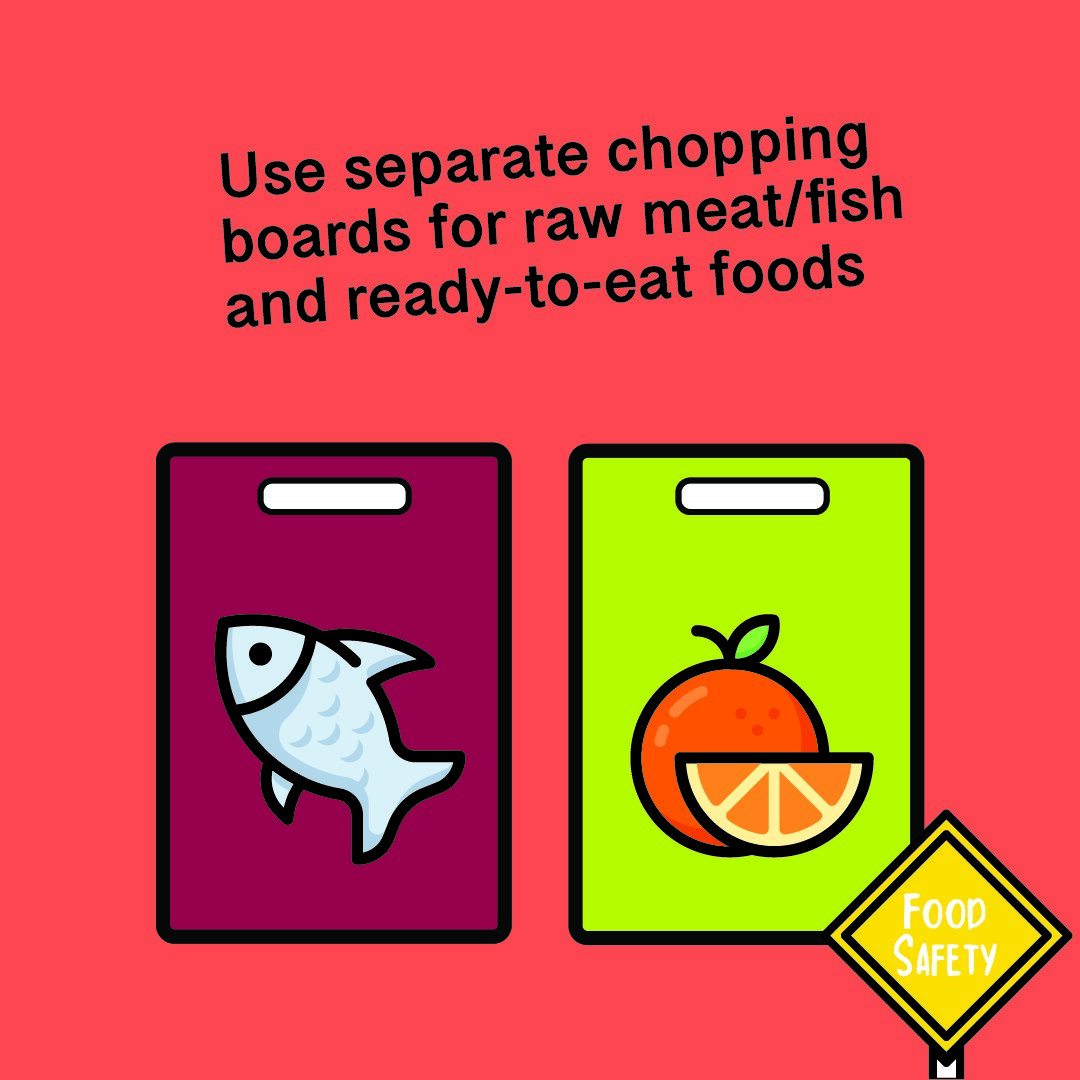 An orange tile with graphic of two chopping boards - one with a fish on it, the other with a cut orange. Text says 'Use chopping boards for raw meat/fish and ready-to-eat foods